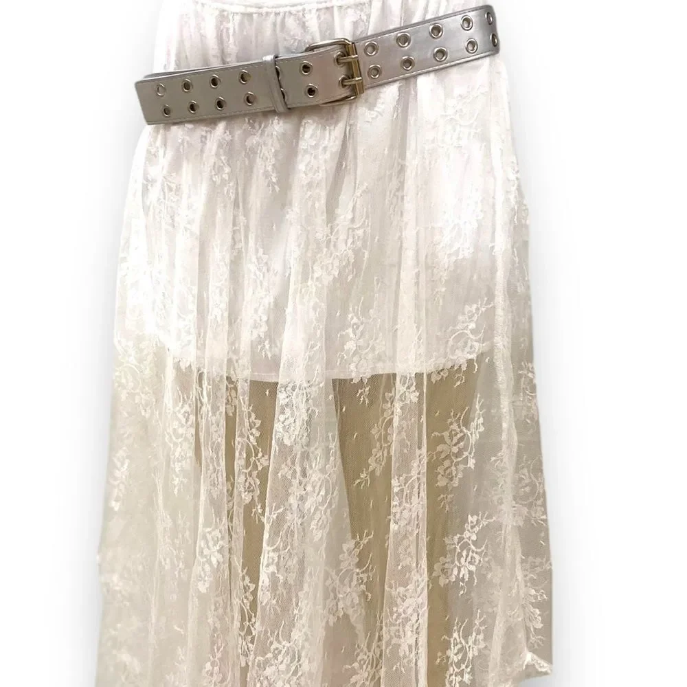 Metallic Silver Grommet Square Buckle Waist Belt - NEW